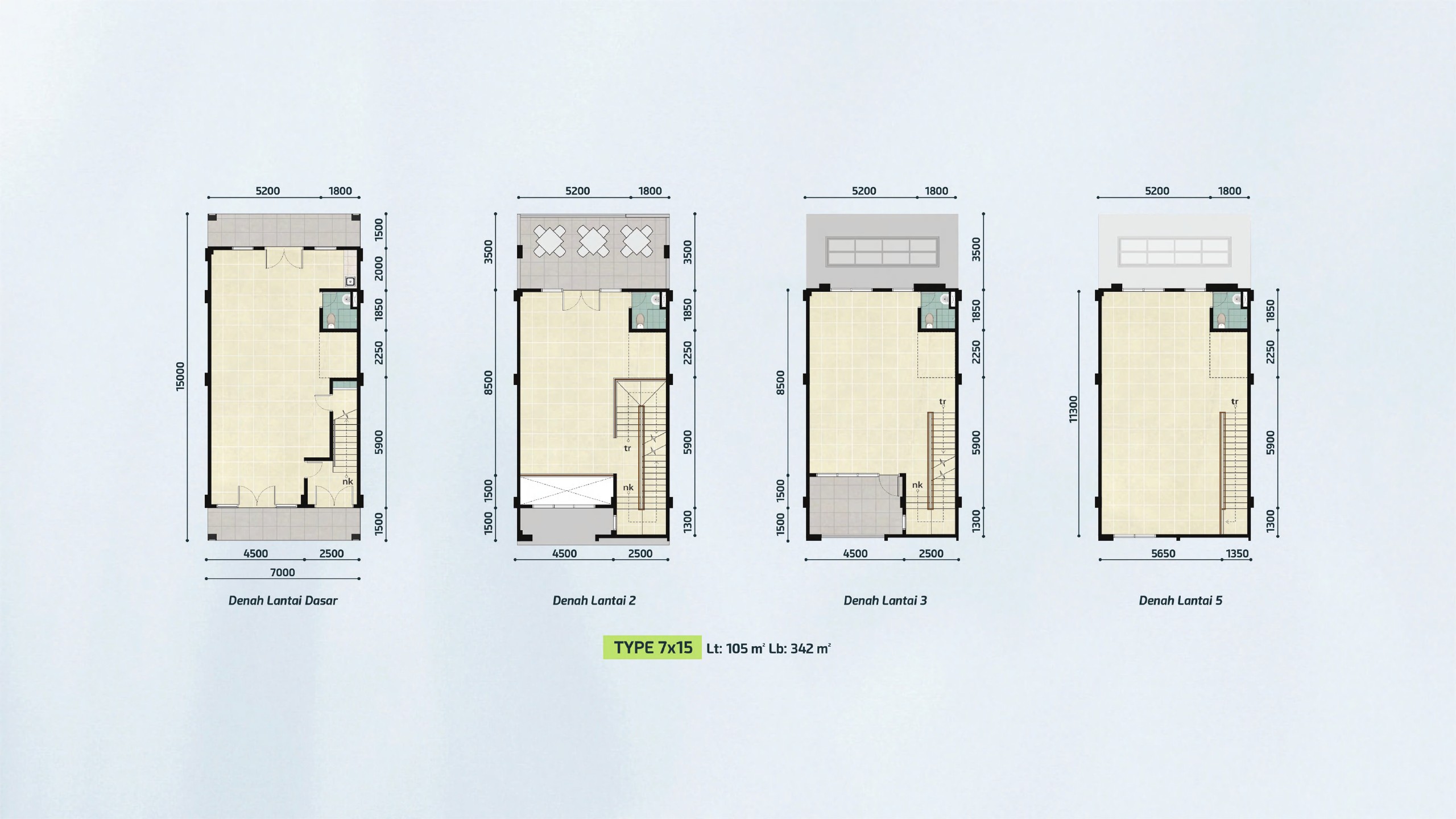 layout studio loft 4 lantai 7x15
